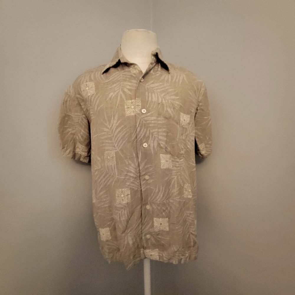 Nautica Men's Hawaiian Button Shirt Linen Blend Palms Flowers Monochrome Small